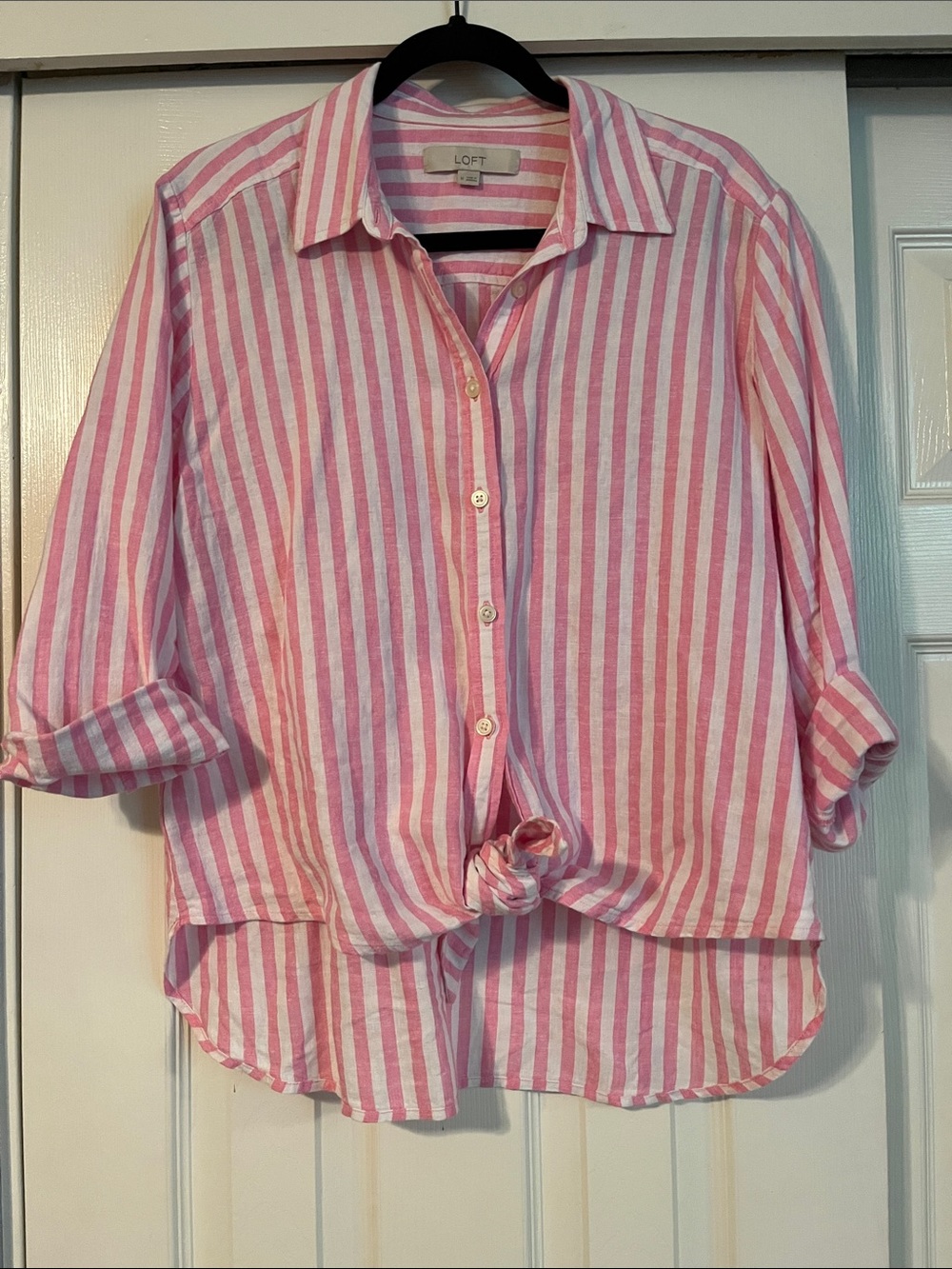 LOFT pink and white stripe button up